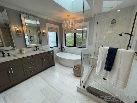 Bathroom, Dual Sink Vanities, Free Standing Baths, Glass Shower, Interior, Marble, Recessed Lighting