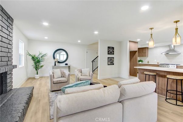 Fireplace, Interior, Kitchen, Living room, Pendant Lights, Recessed Lighting, Wood Texture Flooring