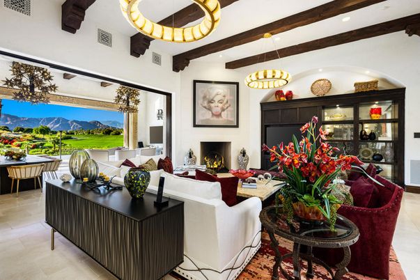 Fireplace, Interior, Living room, Pendant Lights, Recessed Lighting, Wooden Beams