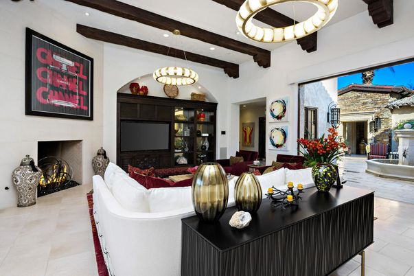 Fireplace, Interior, Living room, Pendant Lights, Recessed Lighting, Wooden Beams