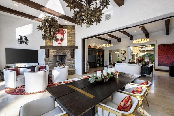 Dining room, Fireplace, Interior, Living room, Pendant Lights, Recessed Lighting, Wooden Beams
