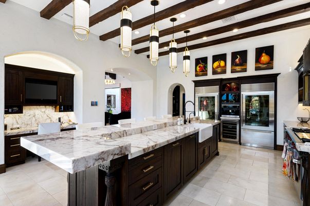 Interior, Kitchen, Pendant Lights, Recessed Lighting, Stainless Steel Appliances, Wooden Beams
