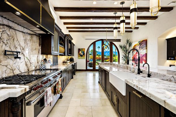 Interior, Kitchen, Marble Walls, Pendant Lights, Recessed Lighting, Stainless Steel Appliances, Wooden Beams