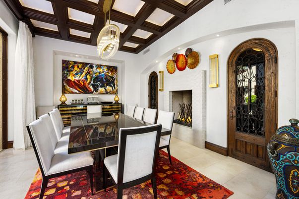 Dining room, Fireplace, Interior, Pendant Lights, Recessed Lighting, Wooden Beams
