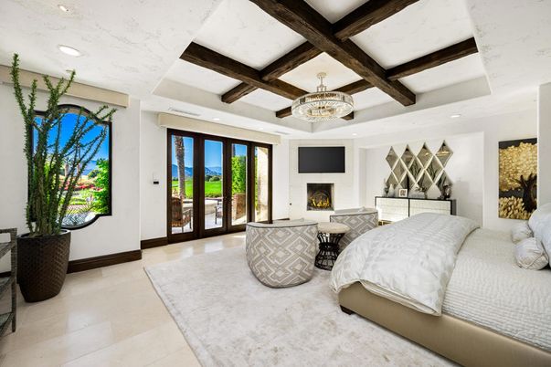 Bedroom, Chandelier, Fireplace, Interior, Recessed Lighting, Wooden Beams