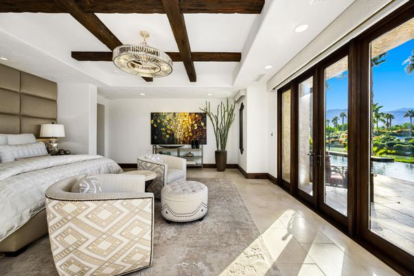 Bedroom, Chandelier, Interior, Recessed Lighting, Water, Wooden Beams