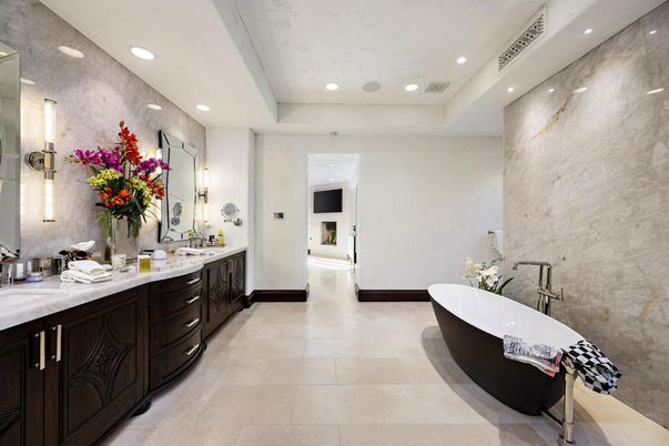Bathroom, Dual Sink Vanities, Free Standing Baths, Interior, Marble Walls, Recessed Lighting