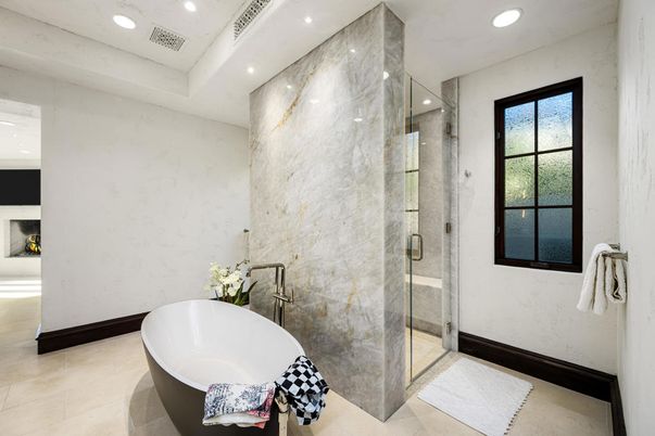 Bathroom, Free Standing Baths, Glass Shower, Interior, Marble Walls, Recessed Lighting