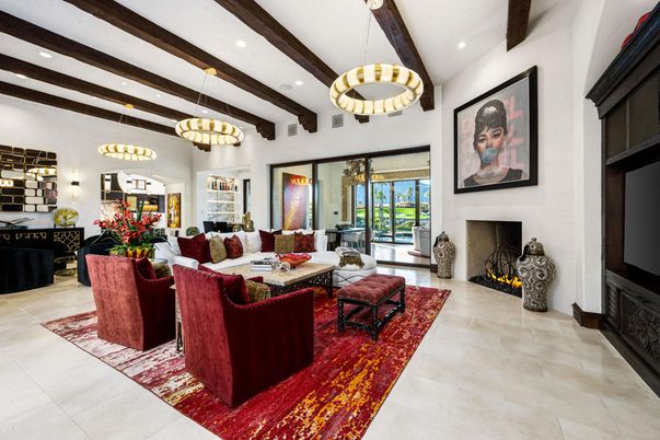 Fireplace, Interior, Living room, Pendant Lights, Recessed Lighting, Wooden Beams