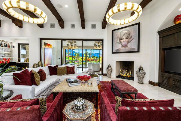 Fireplace, Interior, Living room, Pendant Lights, Recessed Lighting, Wooden Beams