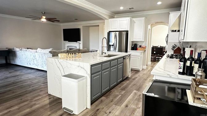 Fireplace, Interior, Kitchen, Living room, Recessed Lighting, Wood Texture Flooring