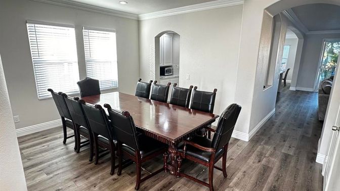 Dining room, Interior, Recessed Lighting, Wood Texture Flooring