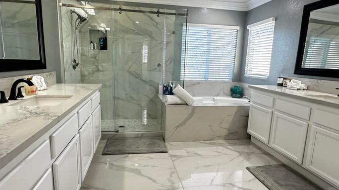 Bathroom, Dual Sink Vanities, Glass Shower, Interior, Marble, Marble Walls