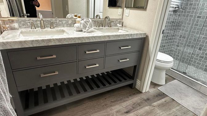 Bathroom, Dual Sink Vanities, Interior, Wood Texture Flooring