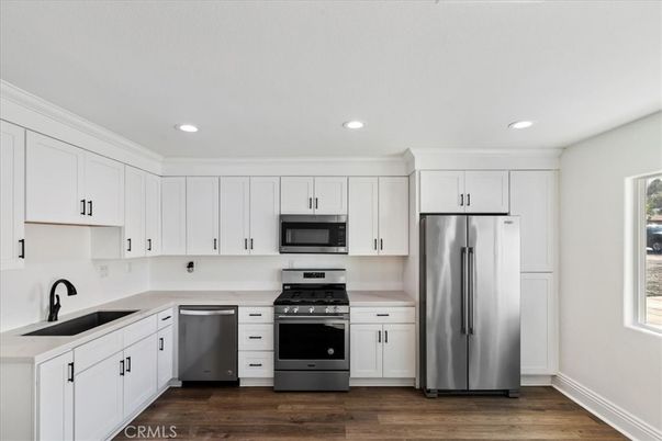 Interior, Kitchen, Recessed Lighting, Stainless Steel Appliances, Wood Texture Flooring