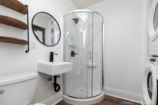 Bathroom, Glass Shower, Interior, Wood Texture Flooring