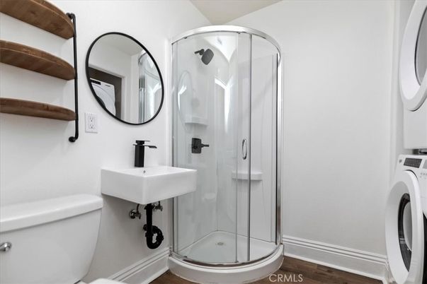 Bathroom, Glass Shower, Interior, Wood Texture Flooring