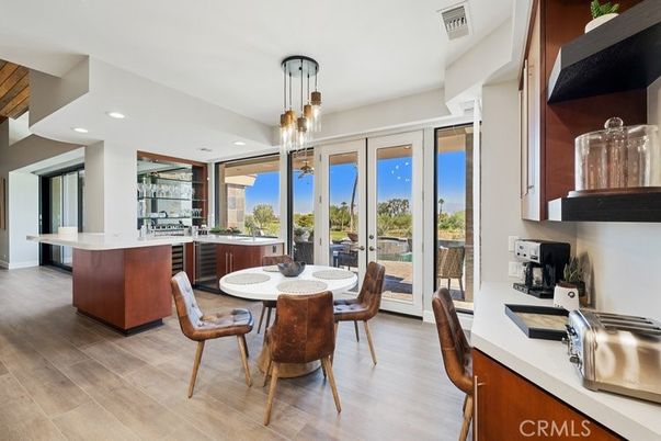 Dining room, Interior, Kitchen, Pendant Lights, Recessed Lighting, Wood Texture Flooring