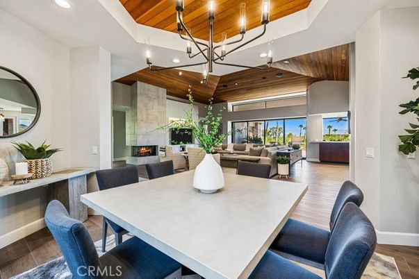 Dining room, Fireplace, Interior, Living room, Pendant Lights, Recessed Lighting, Wooden Beams, Wooden Ceilings, Wood Texture Flooring