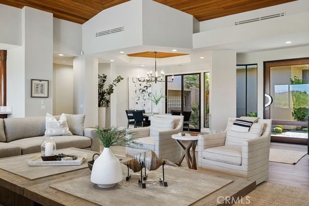 Dining room, Interior, Living room, Pendant Lights, Recessed Lighting, Wooden Ceilings, Wood Texture Flooring