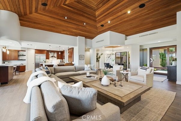Dining room, Interior, Kitchen, Living room, Pendant Lights, Recessed Lighting, Stainless Steel Appliances, Wooden Ceilings, Wood Texture Flooring