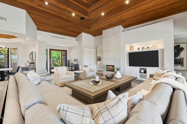 Dining room, Fireplace, Interior, Living room, Recessed Lighting, Wooden Ceilings, Wood Texture Flooring