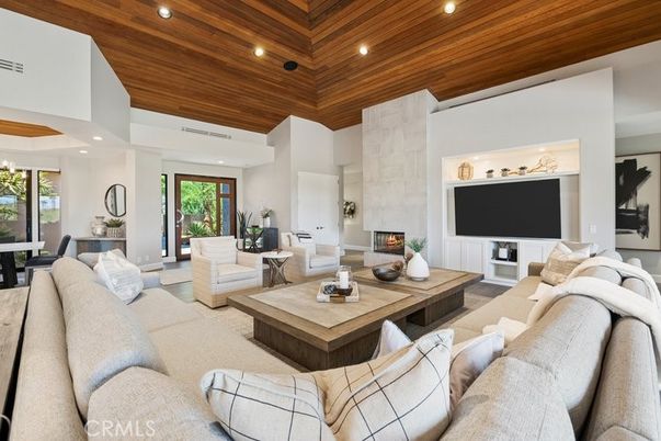 Fireplace, Interior, Living room, Recessed Lighting, Wooden Ceilings