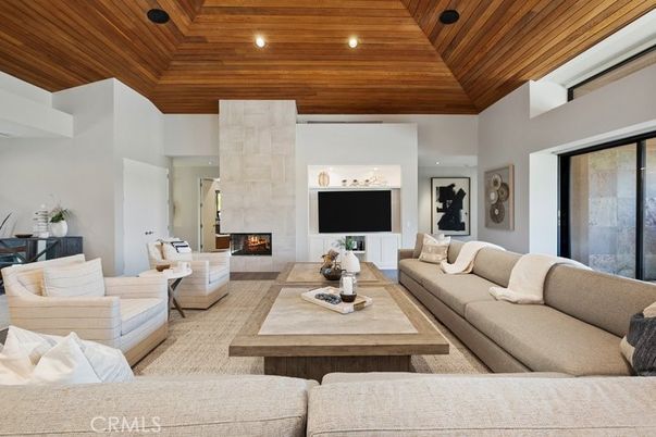 Fireplace, Interior, Living room, Recessed Lighting, Wooden Ceilings