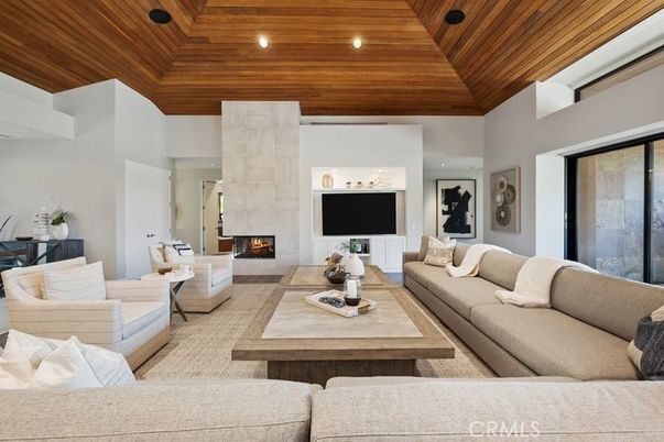 Fireplace, Interior, Living room, Recessed Lighting, Wooden Ceilings