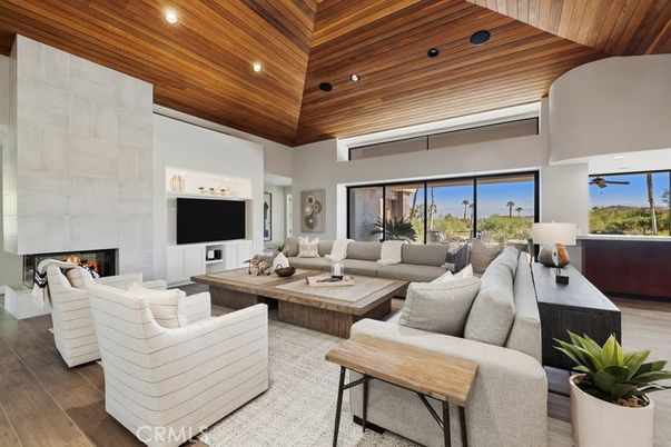 Fireplace, Interior, Living room, Recessed Lighting, Stone Walls, Wooden Ceilings, Wood Texture Flooring