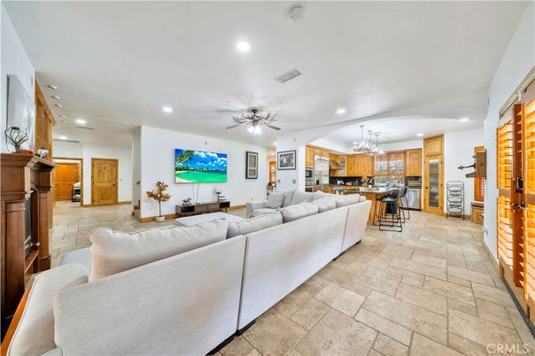 Chandelier, Dining room, Fireplace, Interior, Kitchen, Living room, Recessed Lighting