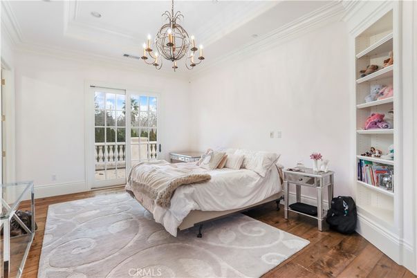 Bedroom, Chandelier, Interior, Wood Texture Flooring