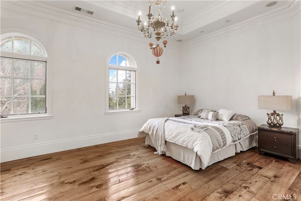 Bedroom, Chandelier, Interior, Wood Texture Flooring