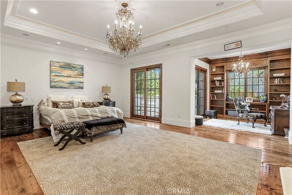 Bedroom, Chandelier, Home Office, Interior, Recessed Lighting, Wood Texture Flooring