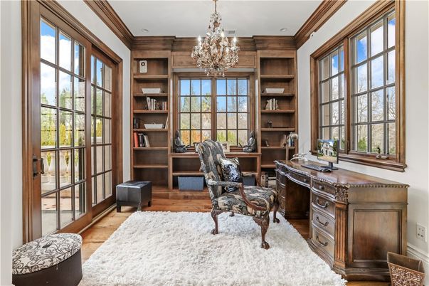 Chandelier, Home Office, Interior, Recessed Lighting, Wood Texture Flooring, Wooden Walls