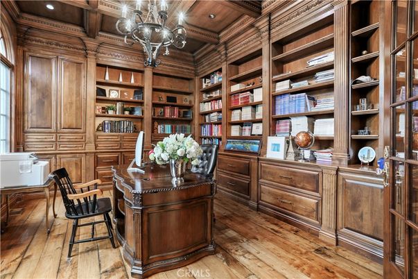 Chandelier, Home Office, Interior, Recessed Lighting, Wooden Beams, Wooden Ceilings, Wood Texture Flooring, Wooden Walls