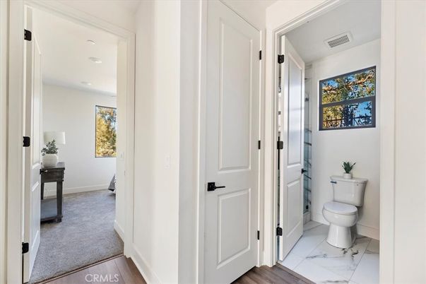 Bathroom, Interior, Marble, Recessed Lighting, Wood Texture Flooring
