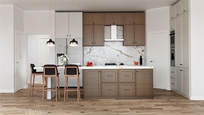 Dining room, Interior, Kitchen, Marble Walls, Pendant Lights, Wood Texture Flooring
