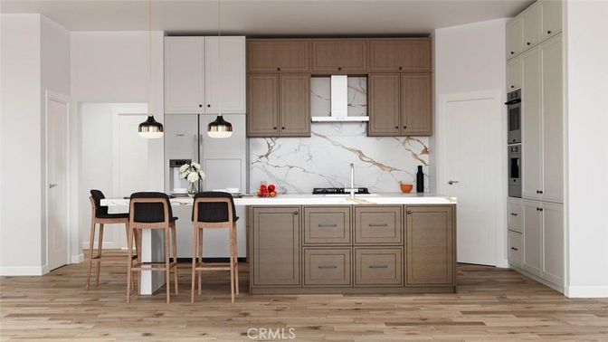 Dining room, Interior, Kitchen, Marble Walls, Pendant Lights, Wood Texture Flooring