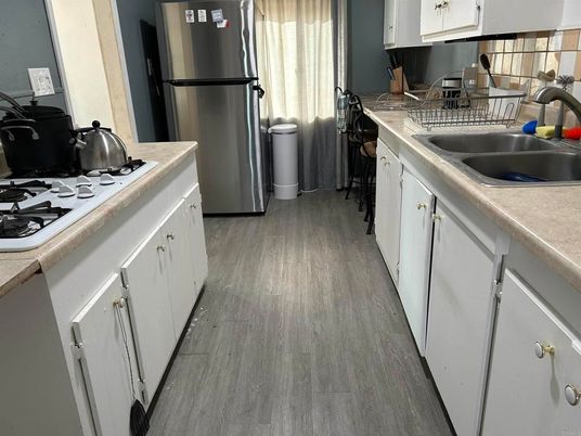 Interior, Kitchen, Tile Countertops, Wood Texture Flooring