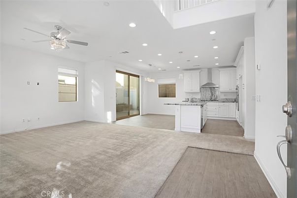 Empty room, Interior, Kitchen, Pendant Lights, Recessed Lighting, Wood Texture Flooring