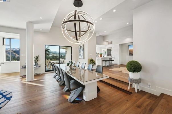 Dining room, Interior, Pendant Lights, Recessed Lighting, Wood Texture Flooring