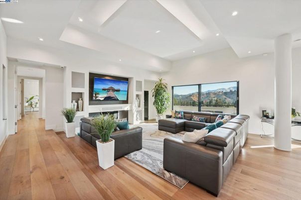 Fireplace, Interior, Living room, Recessed Lighting, Wood Texture Flooring