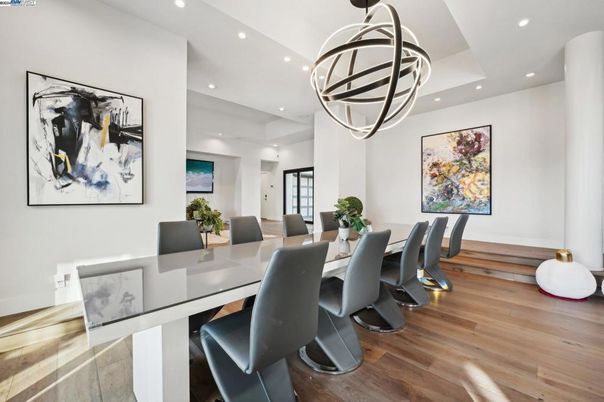 Dining room, Interior, Pendant Lights, Recessed Lighting, Wood Texture Flooring
