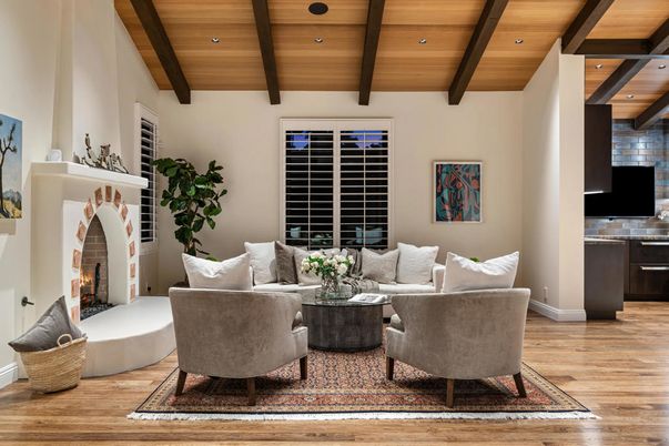 Fireplace, Interior, Living room, Recessed Lighting, Wooden Beams, Wooden Ceilings, Wood Texture Flooring