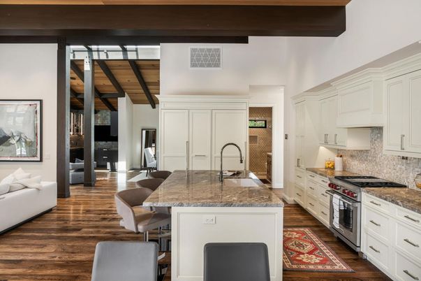 Dining room, Interior, Kitchen, Stainless Steel Appliances, Wooden Beams, Wooden Ceilings, Wood Texture Flooring