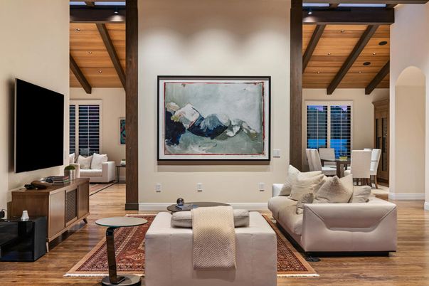 Dining room, Interior, Living room, Recessed Lighting, Wooden Beams, Wooden Ceilings, Wood Texture Flooring