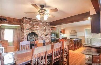 Dining room, Interior, Kitchen, Recessed Lighting, Stone Walls, Wooden Beams, Wood Texture Flooring
