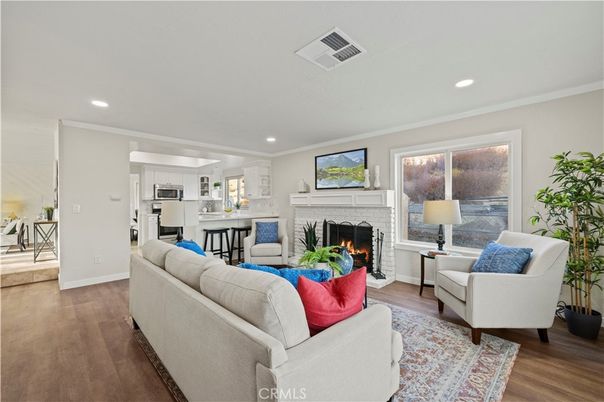Fireplace, Interior, Kitchen, Living room, Recessed Lighting, Wood Texture Flooring