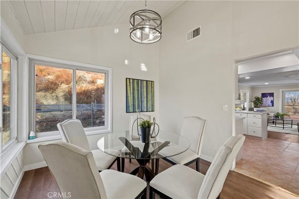Dining room, Interior, Pendant Lights, Recessed Lighting, Wood Texture Flooring
